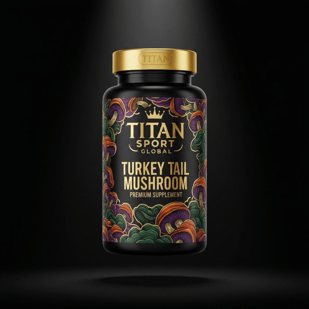 TITAN Turkey Tail Mushroom supplement bottle with Crown Edition matte black and gold packaging featuring bold tattoo-style mushroom artwork