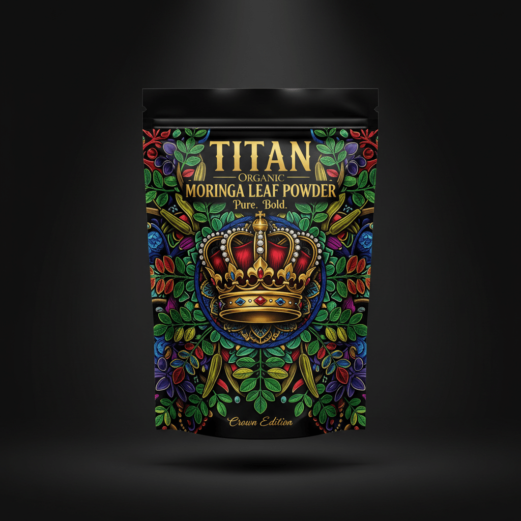 TITAN Organic Moringa Leaf Powder — Pure, Crown Edition tattoo-style artwork