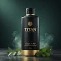 Black 500ml Titan Sport Global body wash bottle with gold accents, eucalyptus and mint, and water droplets.