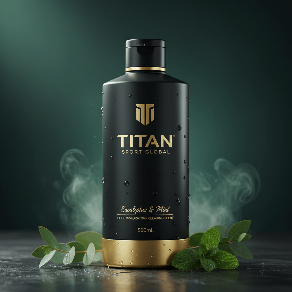 Black 500ml Titan Sport Global body wash bottle with gold accents, eucalyptus and mint, and water droplets.