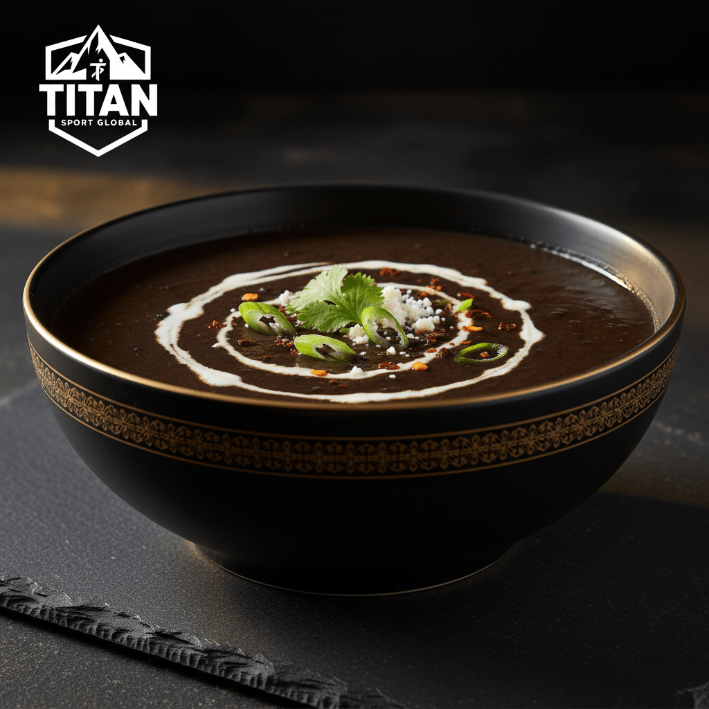 TITAN Organic High-Protein Black Bean Soup — Crown Edition matte black and gold bowl with TITAN SPORT GLOBAL logo