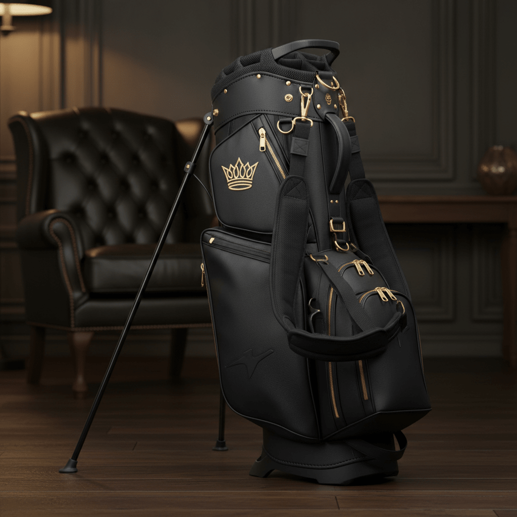 TITAN Golf Bag Stand Crown Edition matte black gold crown hardware 14-way divider dual leg stand system