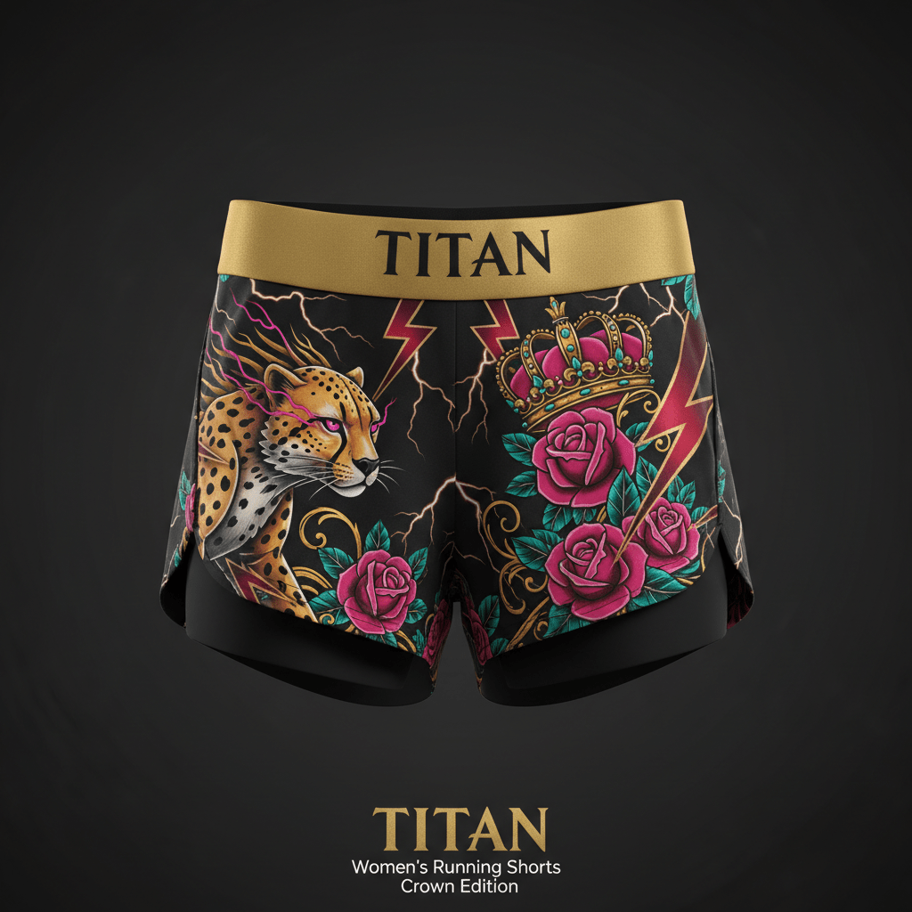 TITAN Women's Running Shorts - Crown Edition tattoo-style artwork