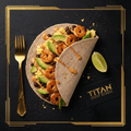 TITAN Mexican Spicy Shrimp Breakfast Wrap flat lay dark luxury