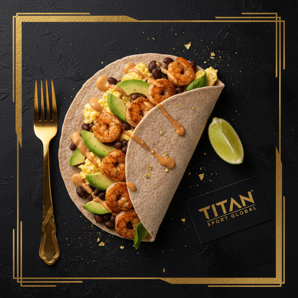 TITAN Mexican Spicy Shrimp Breakfast Wrap flat lay dark luxury