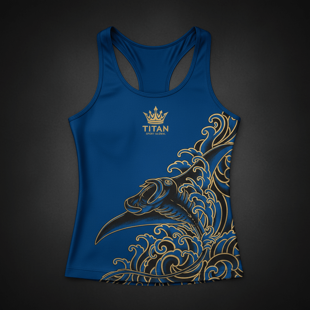 TITAN Women's Slimming Racerback Tank Electric Blue Manta Ray Crown Edition flat lay