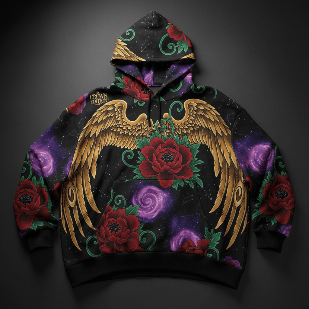 TITAN Crown Edition Tattoo Art Women's Lounge Hoodie - bold colorful tattoo artwork on matte black plush fleece