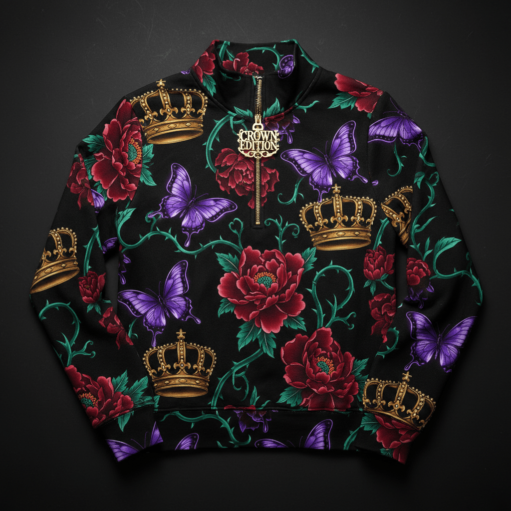 TITAN Crown Edition Tattoo Art Women's Lounge Quarter-Zip Pullover - bold colorful tattoo artwork on matte black French terry