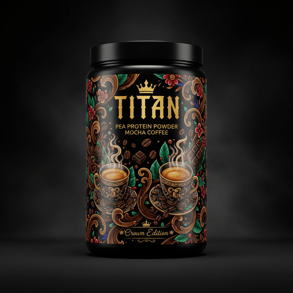 TITAN Pea Protein Powder — Mocha Coffee, Crown Edition tattoo-style artwork