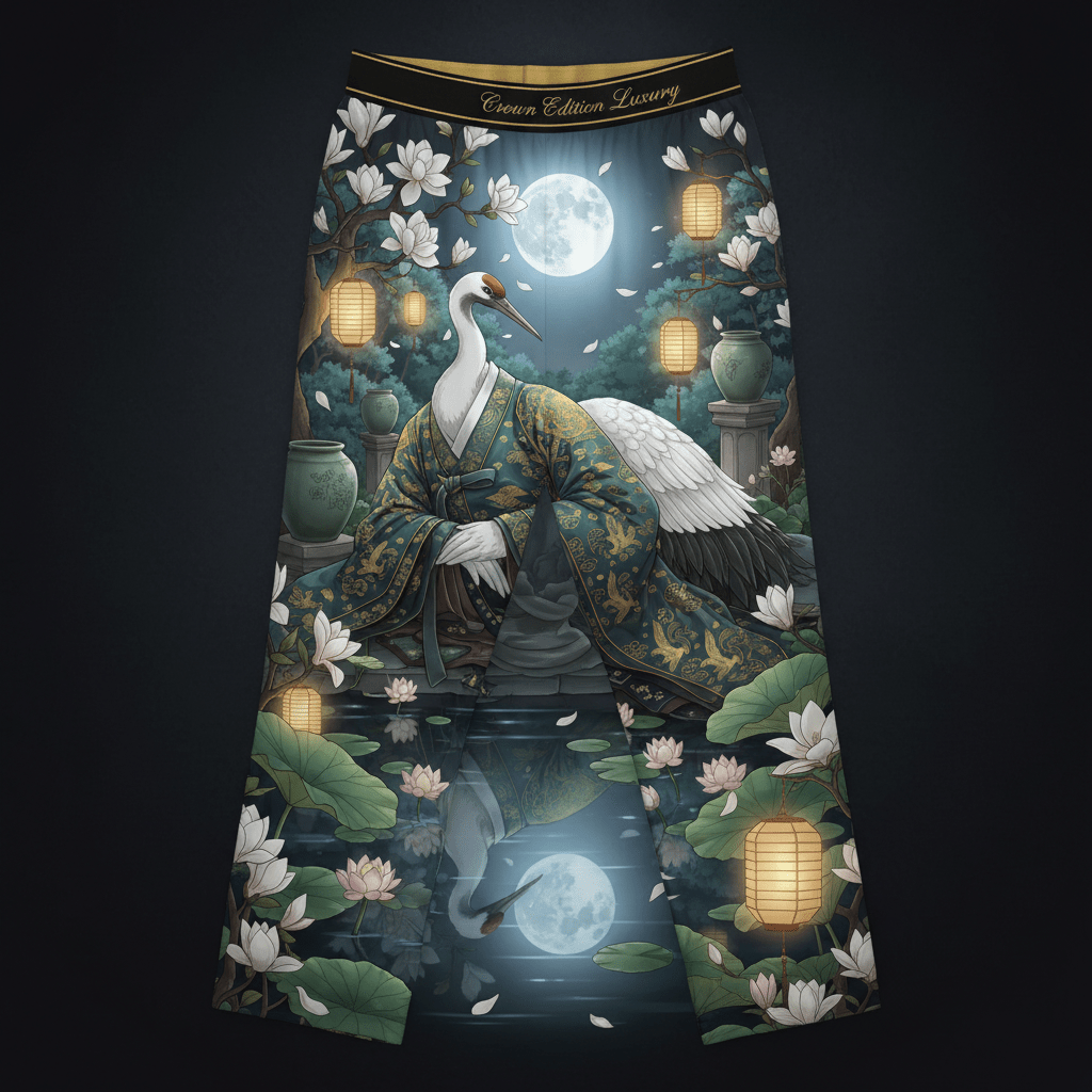 TITAN Goryeo Crane Women's Lounge Pants Crown Edition — crane in Goryeo court robes anime art on matte black