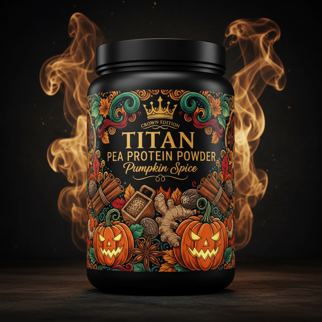 TITAN Pea Protein Powder — Pumpkin Spice, Crown Edition tattoo-style artwork
