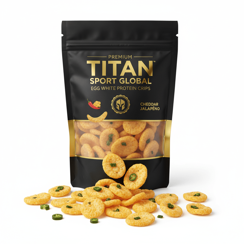 TITAN Egg White Protein Crisps Cheddar Jalapeño — matte black pouch