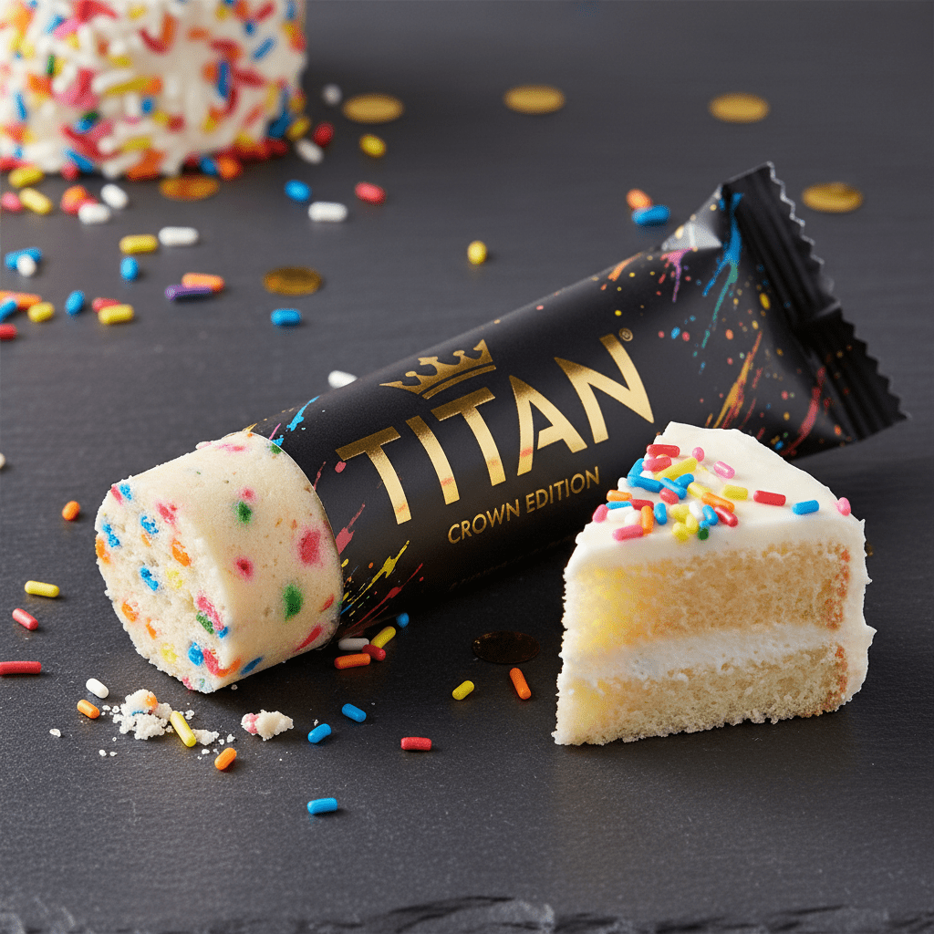 TITAN Vegan Protein Bar Birthday Cake Crown Edition — 20g protein premium product shot