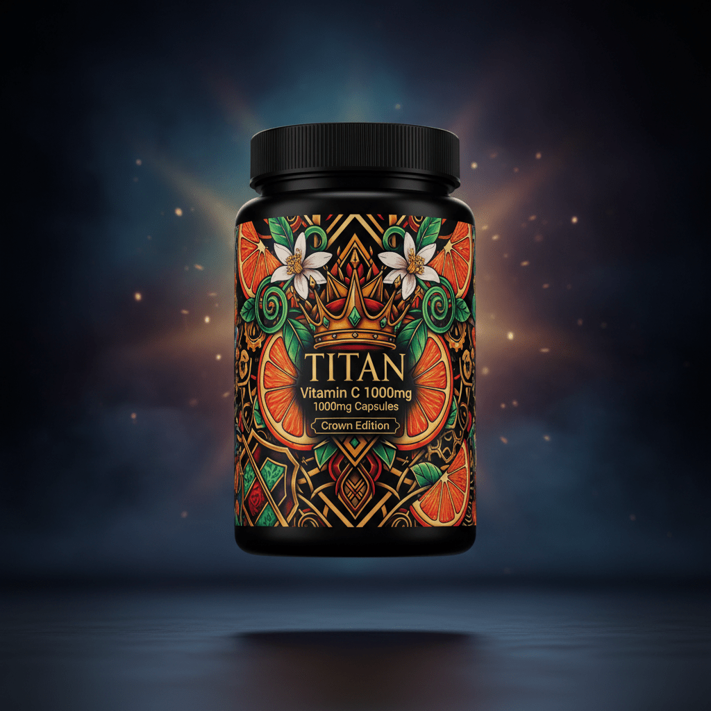TITAN Vitamin C 1000mg Capsules container with orange slices, citrus blossoms and crown tattoo-style Crown Edition artwork in electric orange, crimson and gold