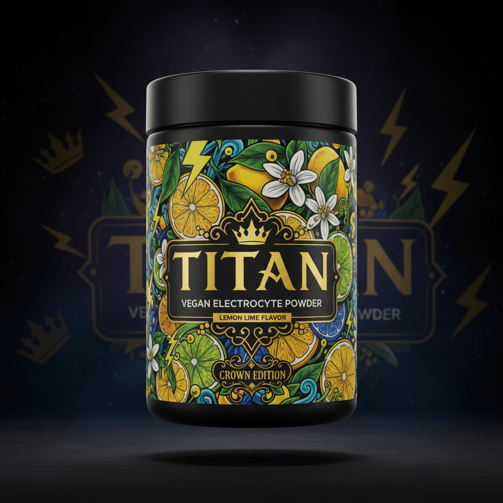 TITAN Vegan Electrolyte Powder — Lemon Lime, Crown Edition tattoo-style artwork