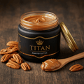 TITAN Pecan Butter Roasted Crown Edition — premium wide-mouth black glass jar product shot