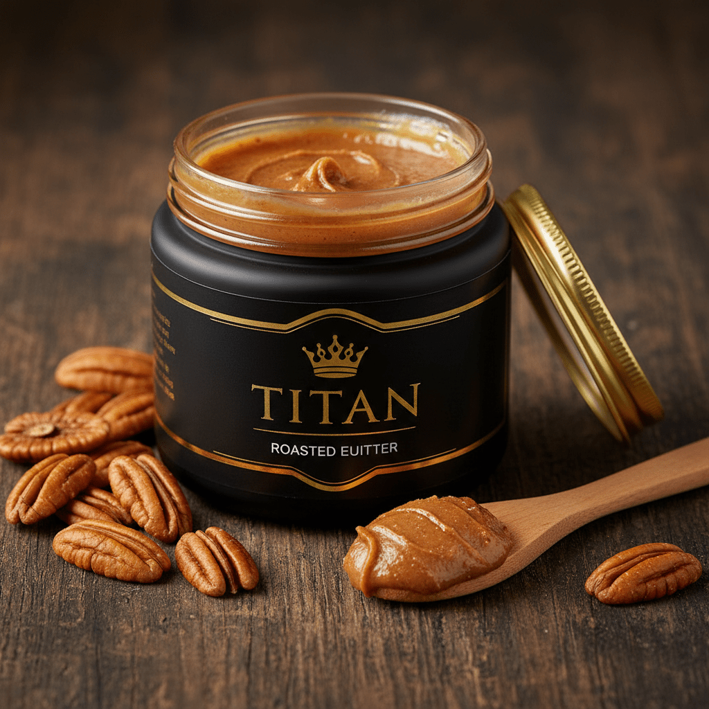 TITAN Pecan Butter Roasted Crown Edition — premium wide-mouth black glass jar product shot