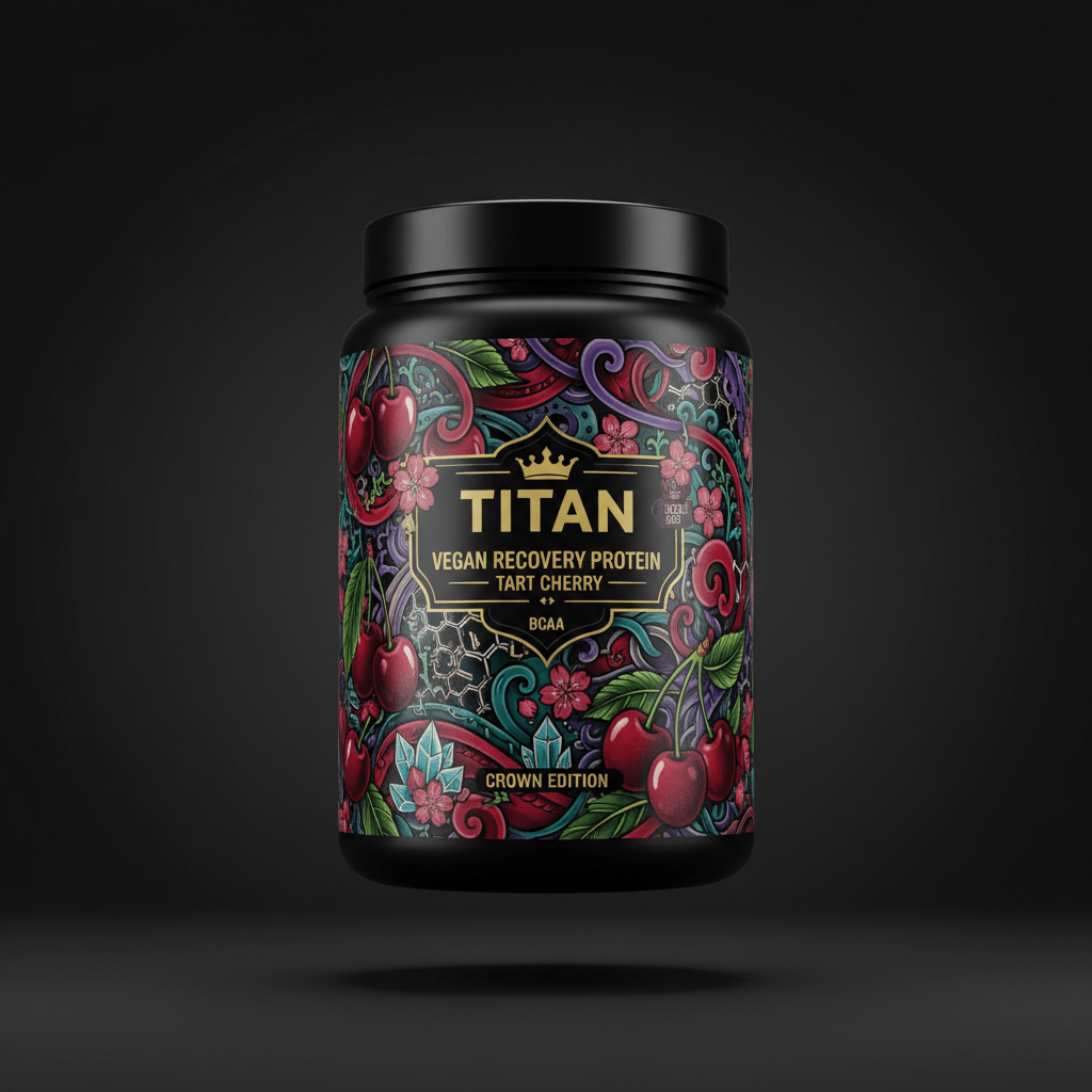 TITAN Vegan Recovery Protein — Tart Cherry, Crown Edition tattoo-style artwork