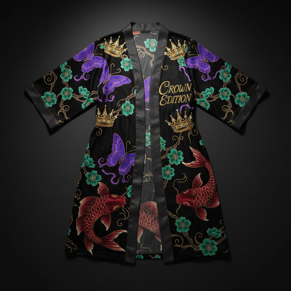 TITAN Crown Edition Tattoo Art Women's Lounge Robe - bold butterfly blossom tattoo artwork on matte black velour
