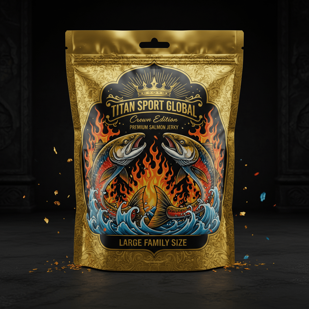 TITAN Crown Edition Wild Salmon Jerky Mango Habanero Blaze 8oz family size bag with bold tattoo artwork