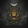 TITAN Men's Tank Top Black with lion, crown and tribal tattoo-style Crown Edition artwork in gold, crimson and blue on matte black breathable fabric