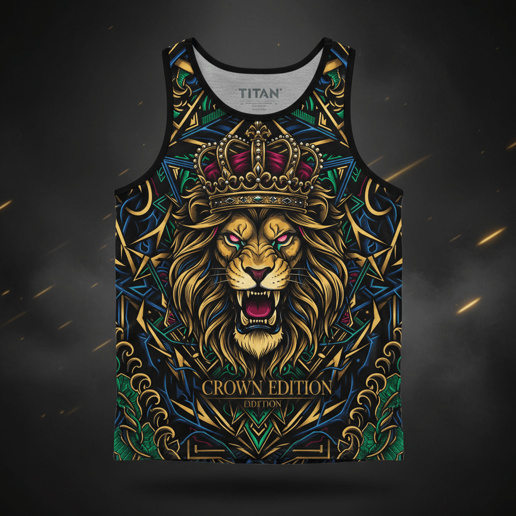 TITAN Men's Tank Top Black with lion, crown and tribal tattoo-style Crown Edition artwork in gold, crimson and blue on matte black breathable fabric