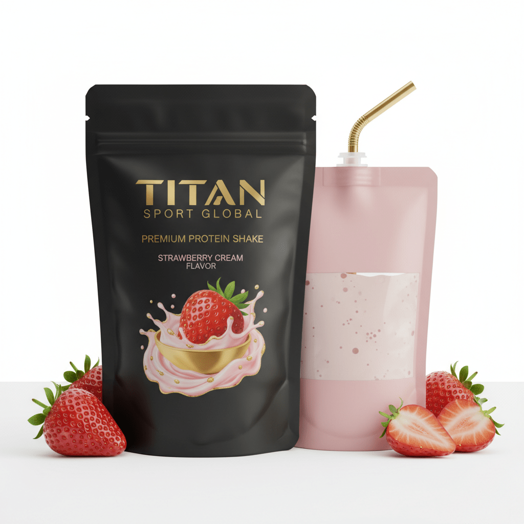 TITAN Protein Shake Pouch Strawberry Cream — matte black pouch