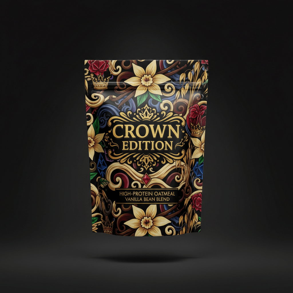 TITAN High-Protein Oatmeal Vanilla Bean — Crown Edition bold tattoo-style artwork