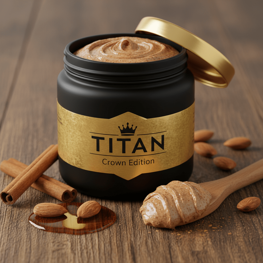 TITAN Almond Butter Cinnamon Maple Crown Edition — premium wide-mouth black glass jar product shot