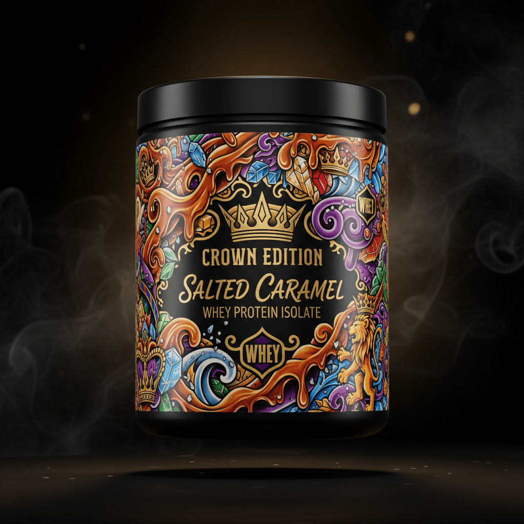 TITAN Whey Protein Isolate Salted Caramel — Crown Edition bold tattoo-style artwork
