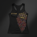 TITAN Women's Performance Racerback Tank in matte black with gold logo and tattoo-style crown and rose artwork in crimson and purple