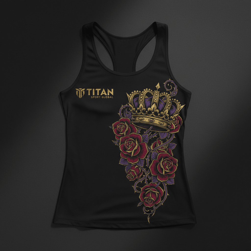 TITAN Women's Performance Racerback Tank in matte black with gold logo and tattoo-style crown and rose artwork in crimson and purple