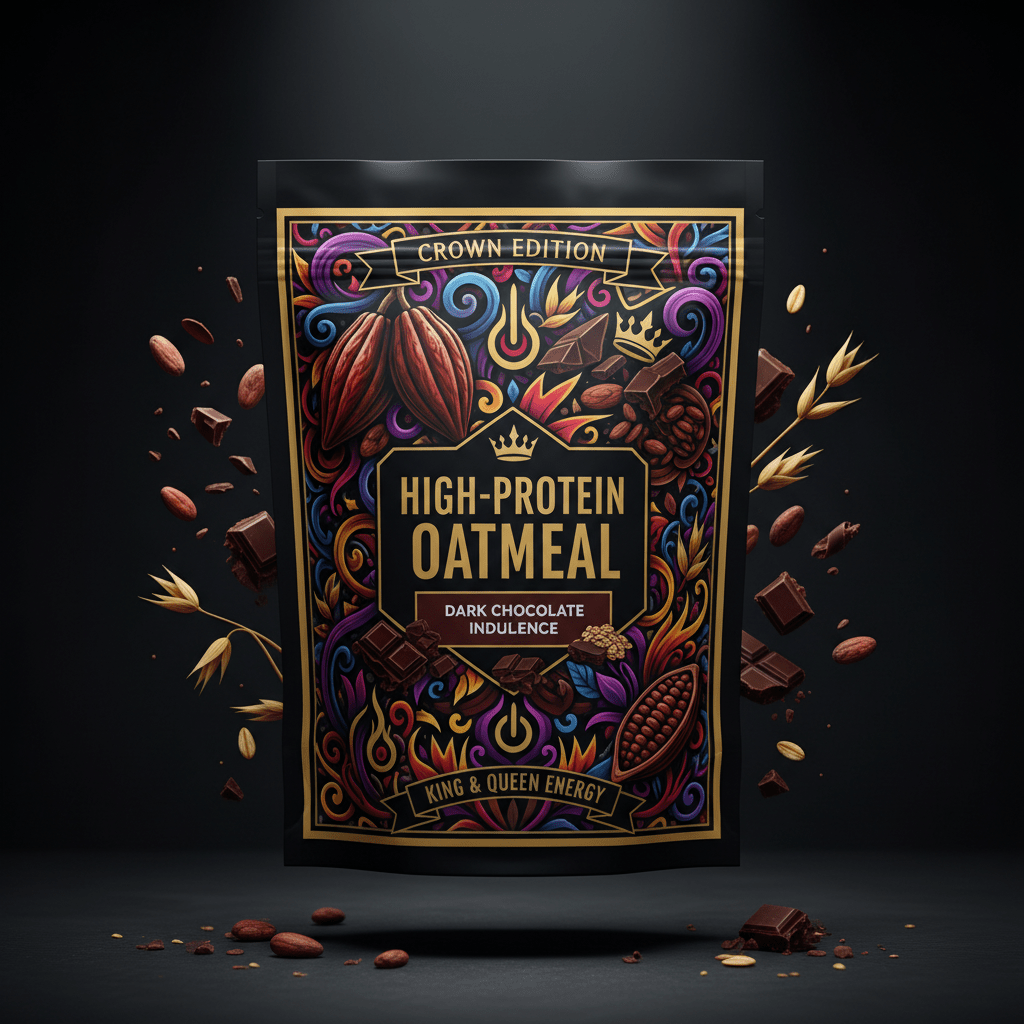 TITAN High-Protein Oatmeal Dark Chocolate — Crown Edition bold tattoo-style artwork