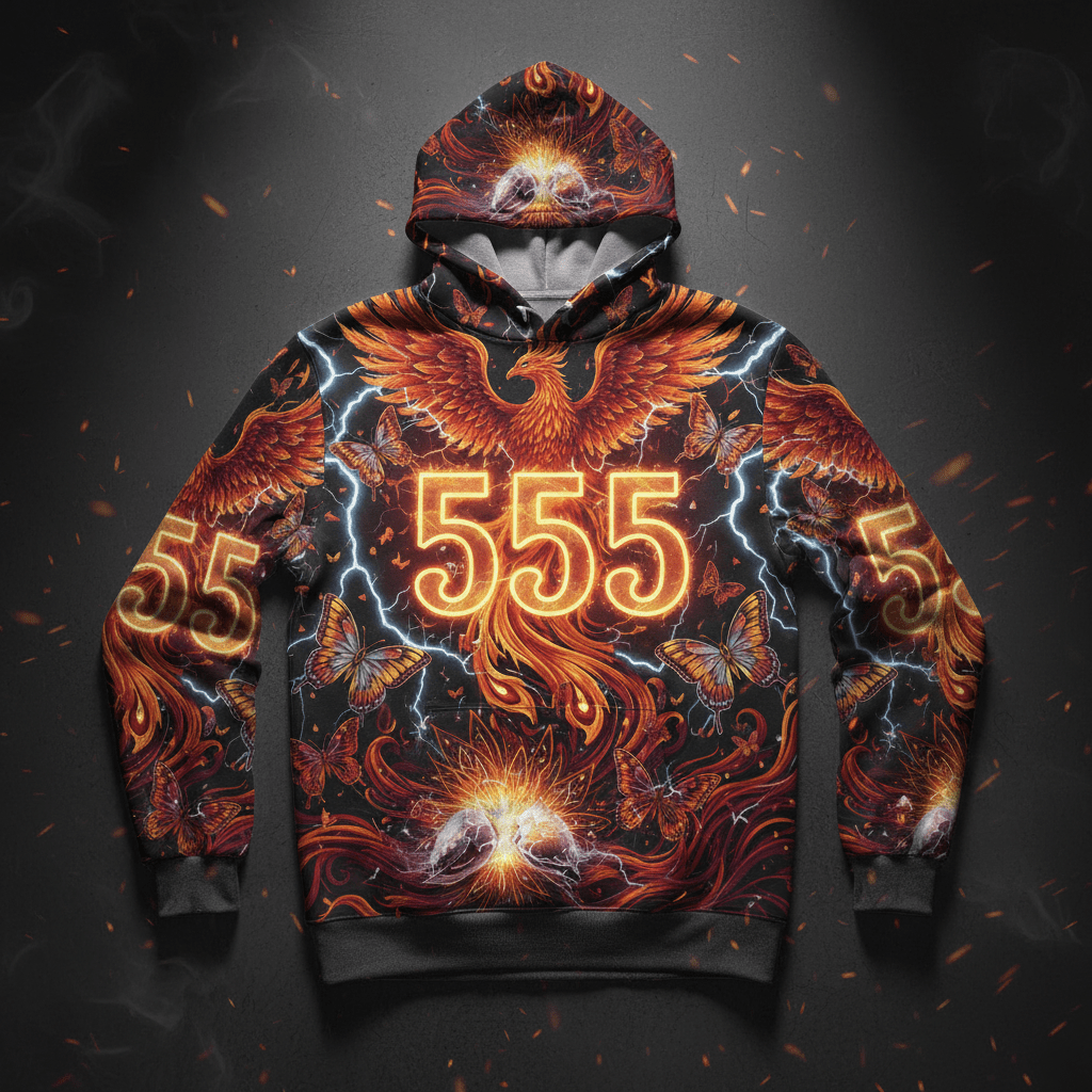 TITAN Men's Hoodie — Angel Number 555 orange crimson gold phoenix transformation design