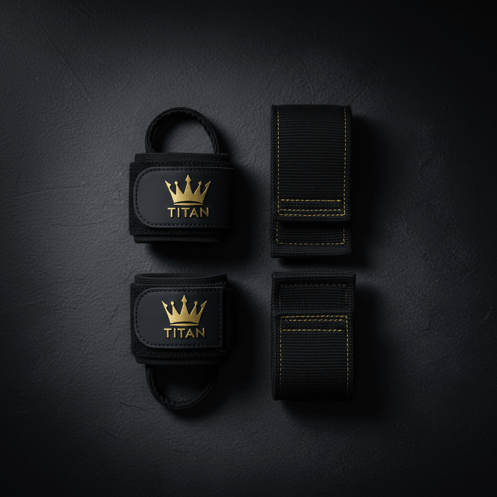 TITAN Wrist Wraps & Lifting Straps Set — Matte black with gold crown stitching flat lay