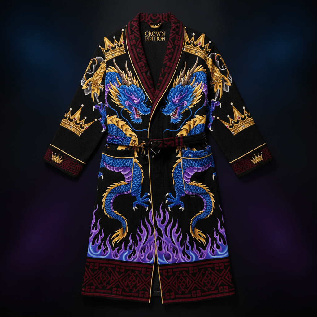 TITAN Crown Edition Tattoo Art Men's Lounge Robe - bold imperial dragon tattoo artwork on matte black terry fabric