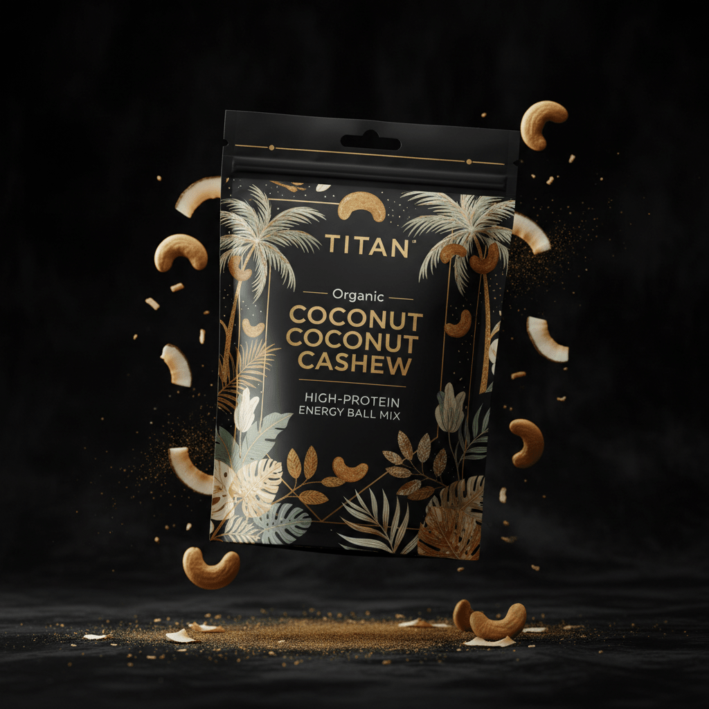 TITAN Organic High-Protein Energy Ball Mix Coconut Cashew — ultra-premium luxury editorial product shot