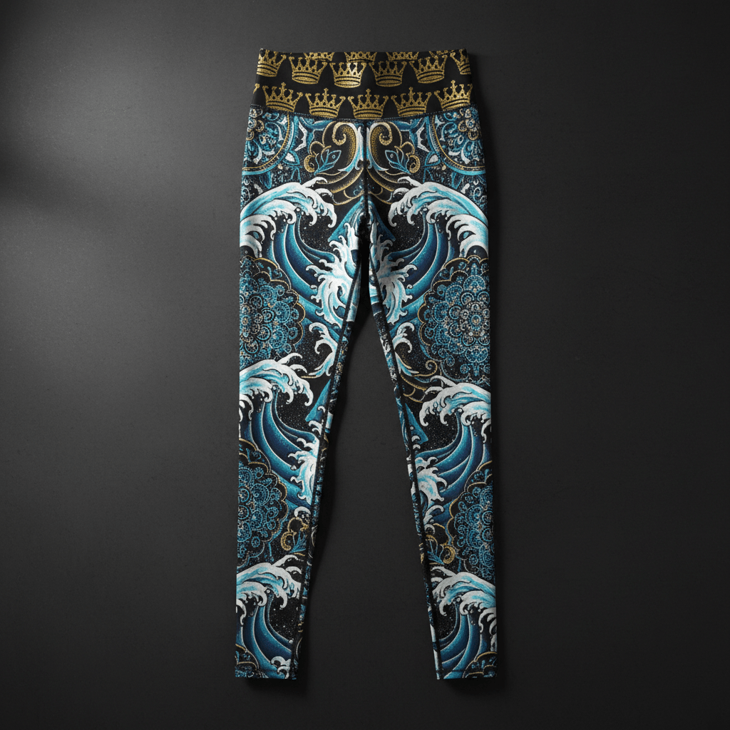 TITAN Crown Edition Women's High-Waist Leggings — Ocean Wave & Mandala tattoo artwork on matte black fabric