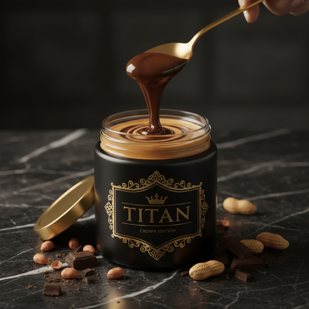 TITAN Peanut Butter Dark Chocolate Swirl Crown Edition — premium wide-mouth black glass jar product shot