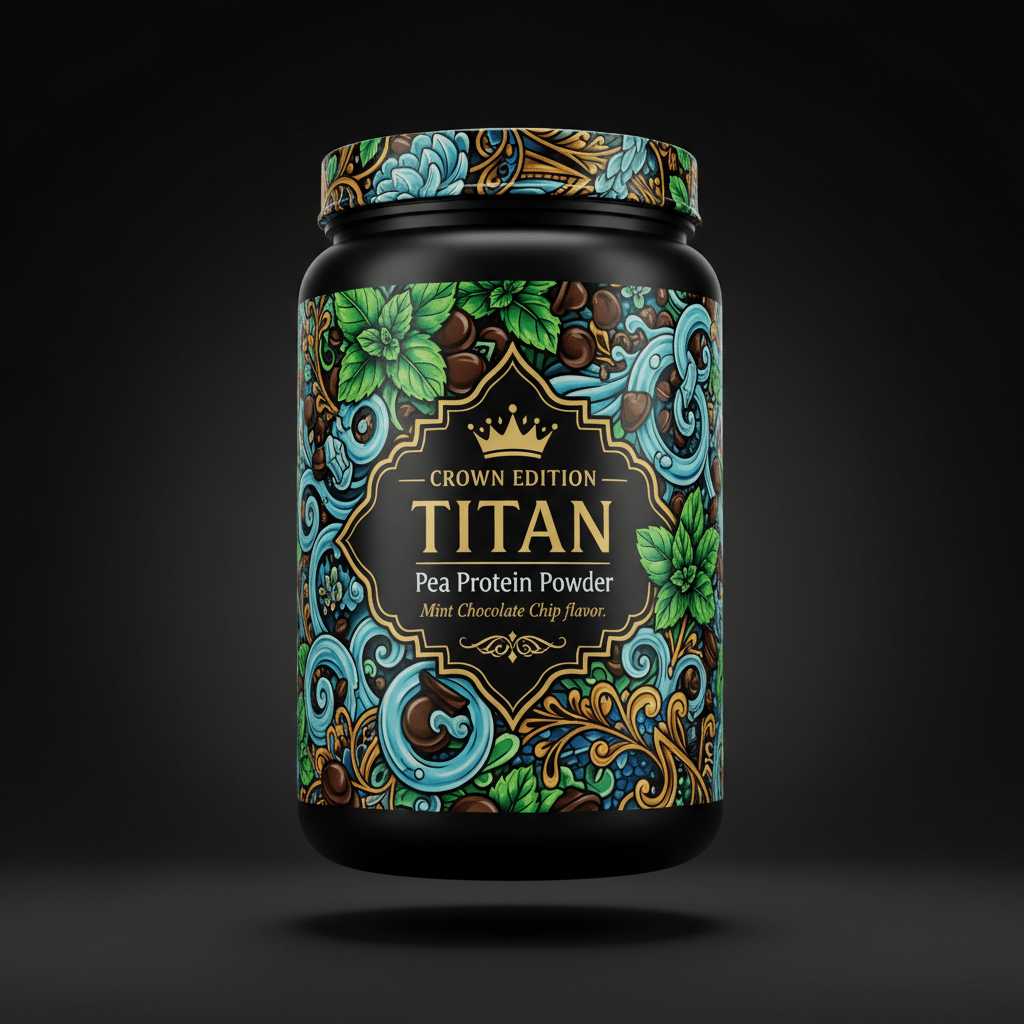 TITAN Pea Protein Powder — Mint Chocolate Chip, Crown Edition tattoo-style artwork