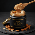 TITAN Almond Butter Crunchy Crown Edition — premium wide-mouth black glass jar product shot