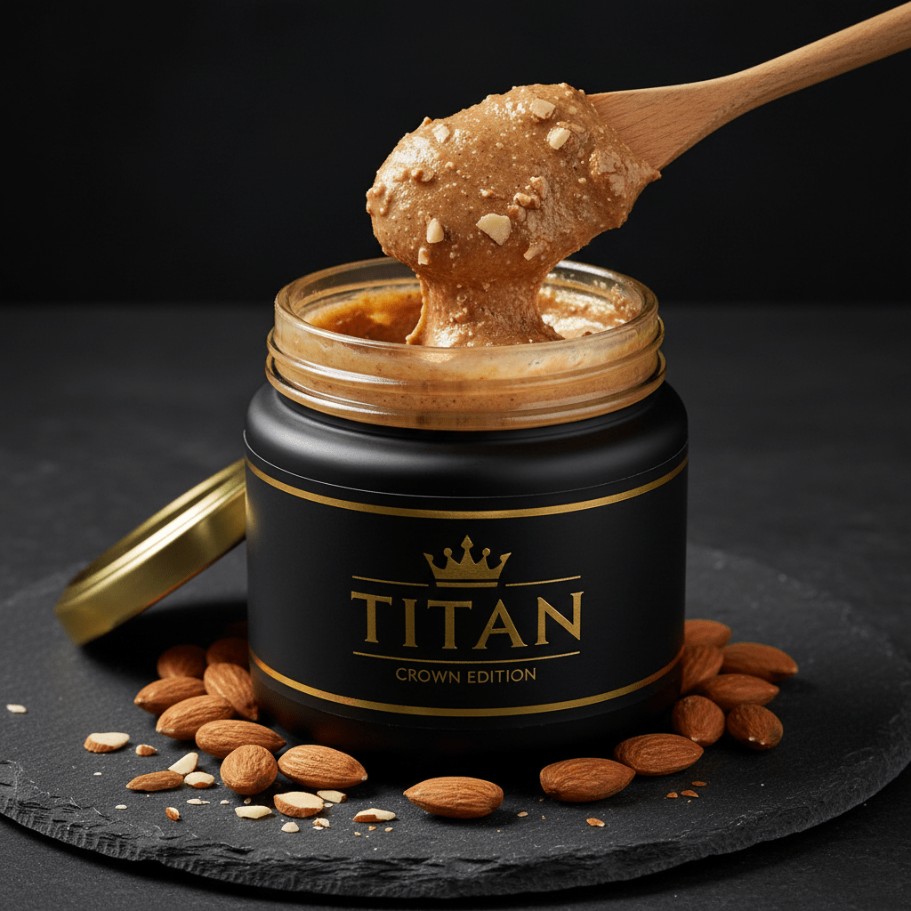 TITAN Almond Butter Crunchy Crown Edition — premium wide-mouth black glass jar product shot
