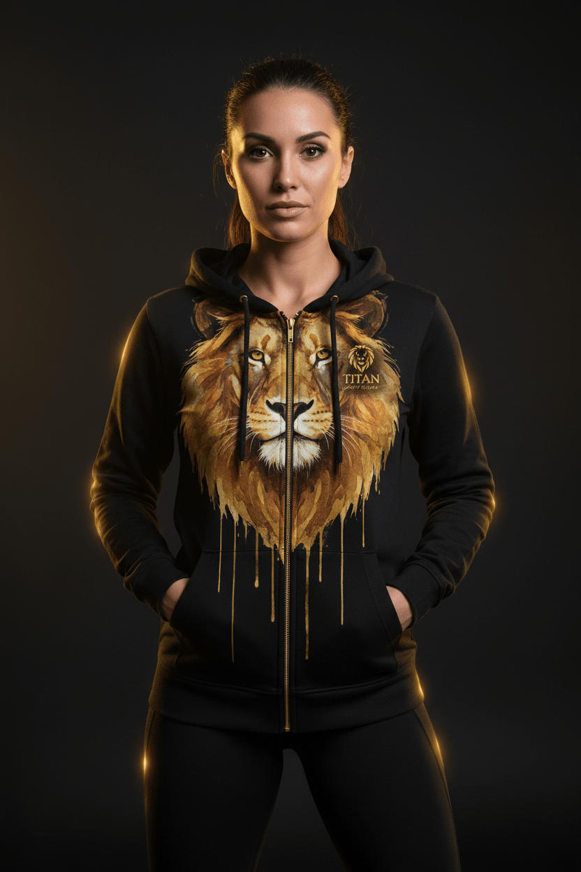 TITAN Women's Gold Lion Watercolor Zip-Up Hoodie