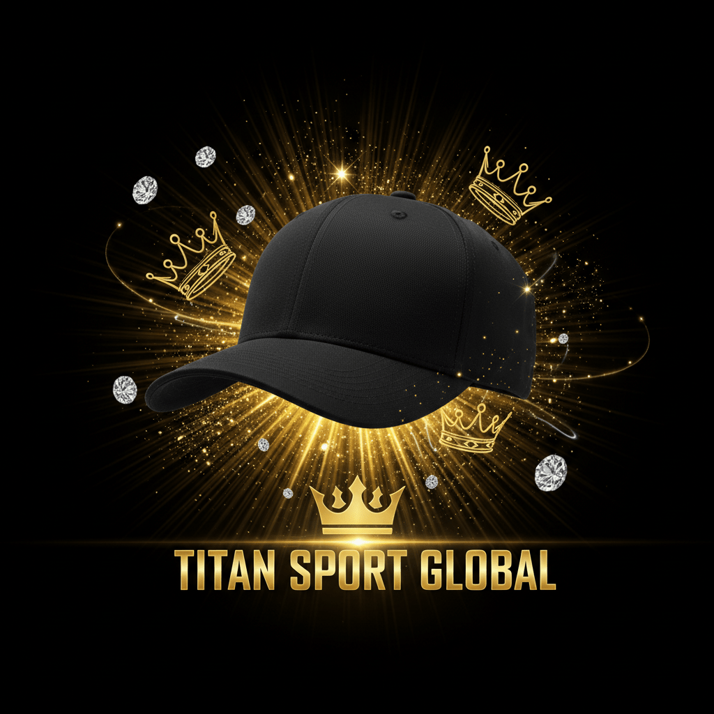 TITAN SPORT GLOBAL golf cap with gold crown branding on dark background