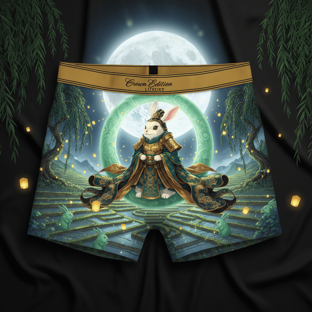 TITAN Han Dynasty Moon Rabbit Women's Cozy Boxer Shorts Crown Edition — rabbit in Han Dynasty empress armor anime art on matte black