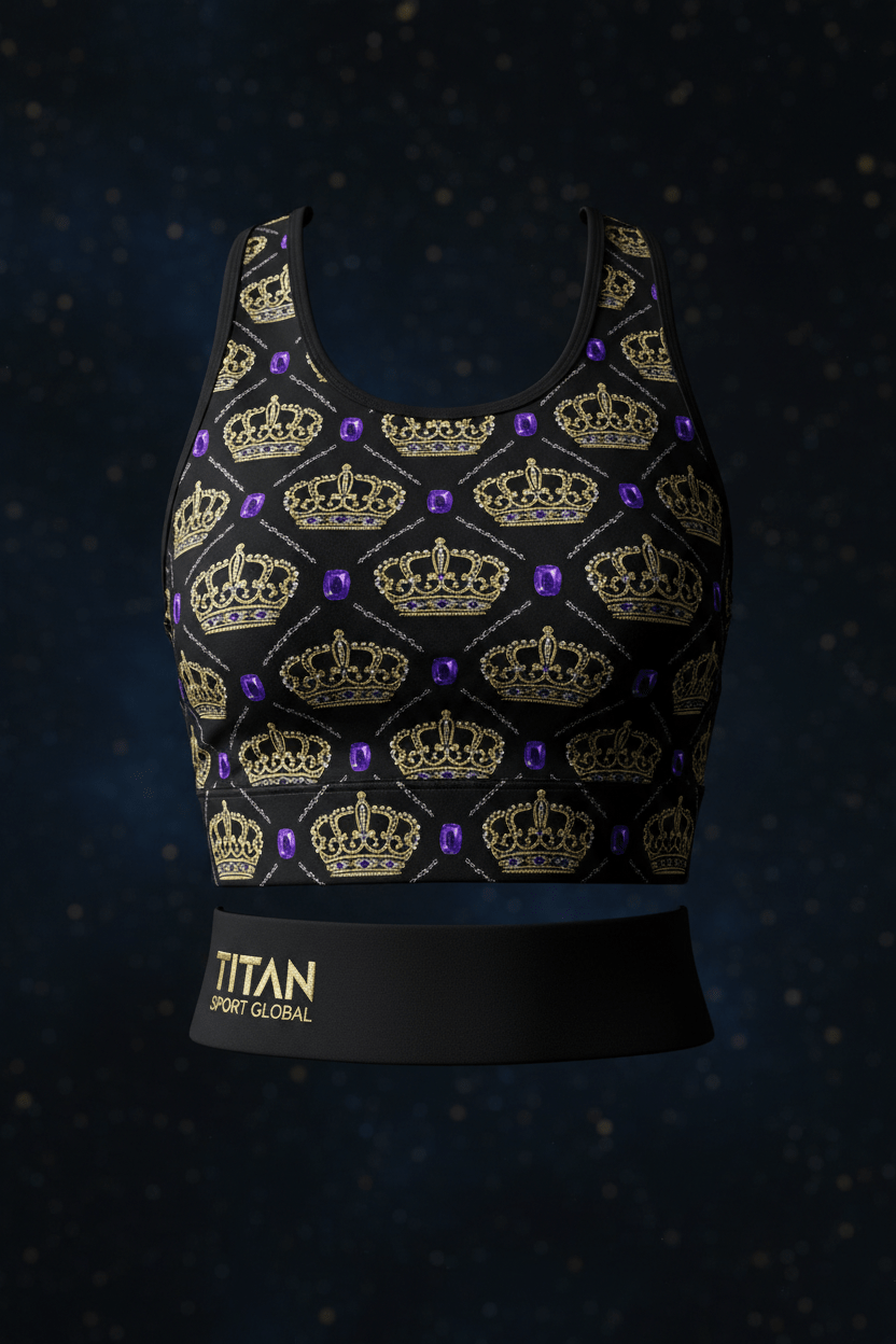 TITAN Women's Midnight Royale Crown Longline Sports Bra flat lay Royal SWAG Edition