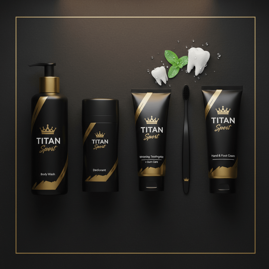 TITAN Athlete Hygiene Kit — Body Wash, Deodorant, Whitening Toothpaste Gum Care & Hand Foot Care flat lay
