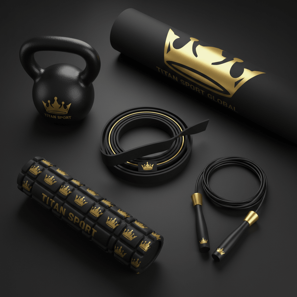 TITAN Home Gym Starter Kit — Resistance Bands, Kettlebell, Foam Roller, Jump Rope & Training Mat flat lay