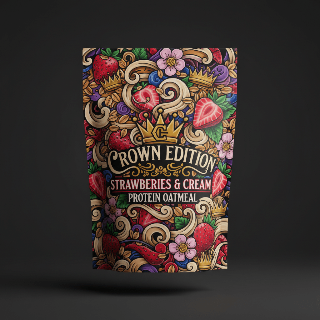 TITAN Protein Oatmeal Strawberries & Cream — Crown Edition bold tattoo-style artwork
