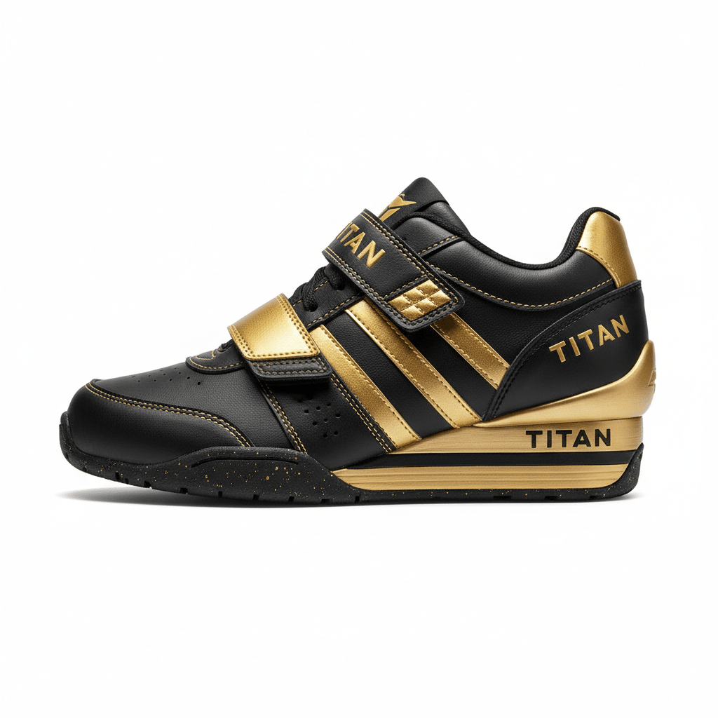 TITAN Weightlifting Shoes front view, gold and black colorway